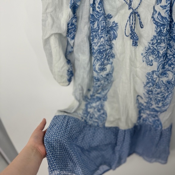 Shana K Floral Cotton Vintage Y2K Porcelain Print V Neck Tie Babydoll Midi Dress - Picture 6 of 6